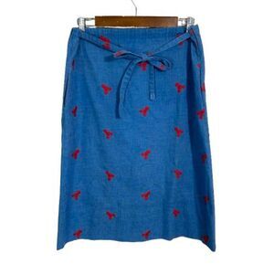 VTG Denim Chambray Skirt S Blue Embroidered Red Lobsters Nautical Coastal